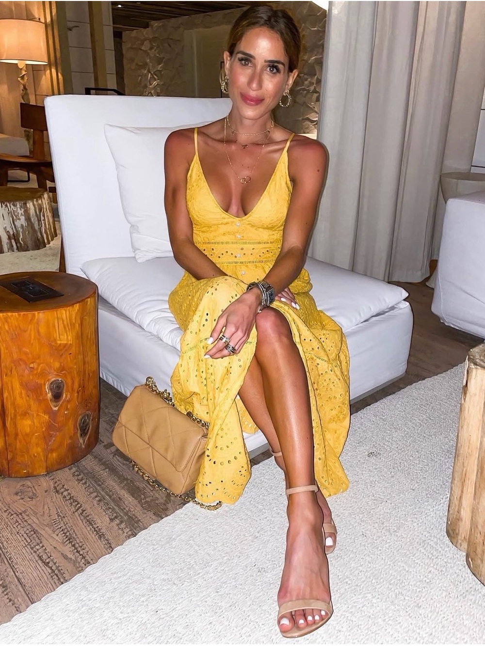 Yellow Eyelet Maxi Dress with Spaghetti Straps